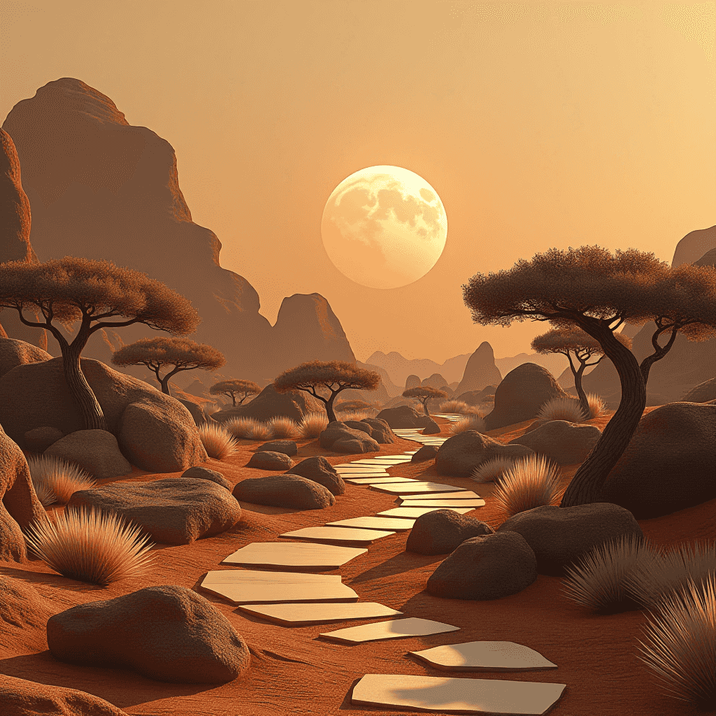 Flux AI Model generated image for "A tranquil Japanese zen garden on Mars"