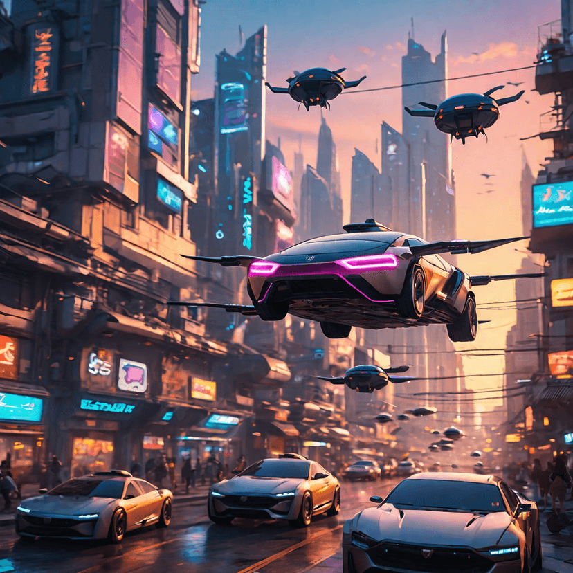 Futuristic cityscape with flying cars at sunset