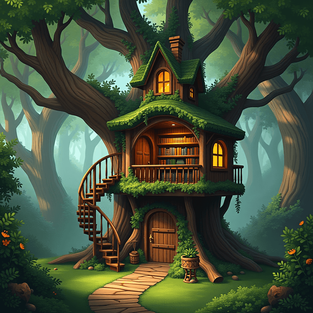 Flux AI Model generated image for "A whimsical treehouse library in an enchanted forest"