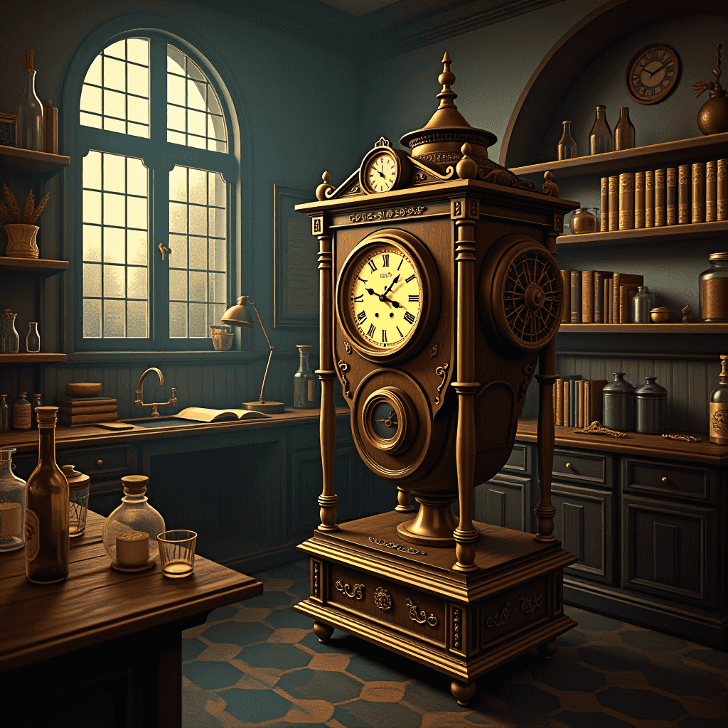 Flux AI Model generated image for "A steampunk-inspired time machine in a Victorian laboratory"