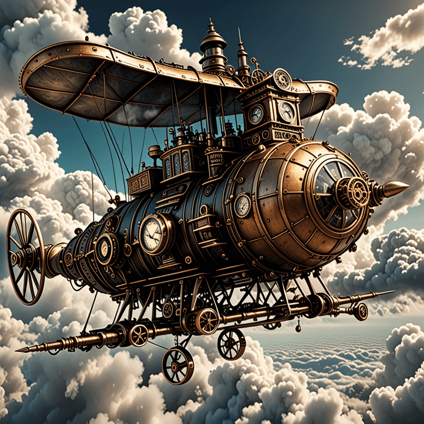 Majestic steampunk flying machine soaring through clouds