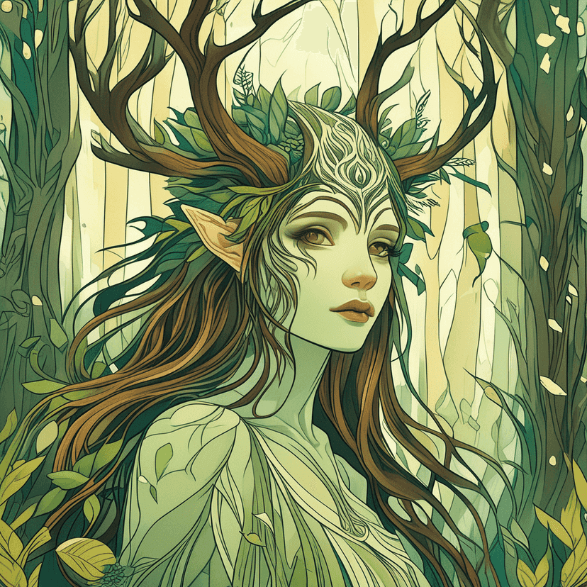 Ethereal forest spirit portrait in art nouveau style
