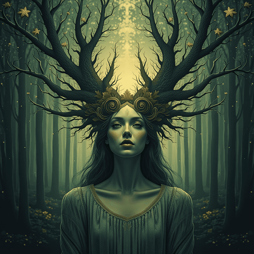 Ethereal forest spirit portrait in art nouveau style