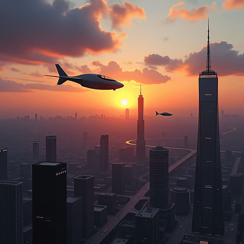 Futuristic cityscape with flying cars at sunset