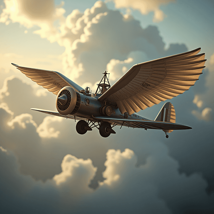 Majestic steampunk flying machine soaring through clouds