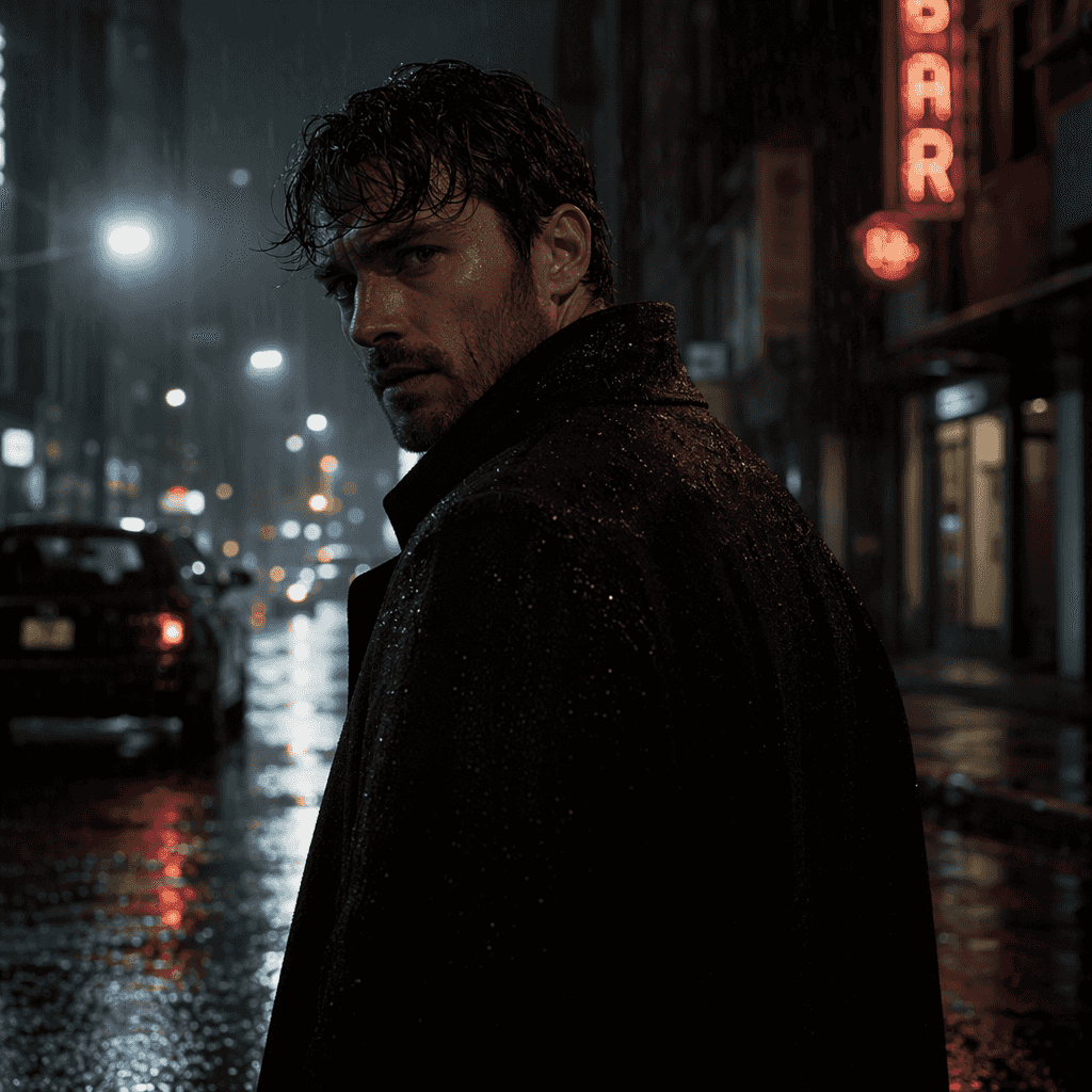 Vague prompt: "cinematic photo of a man on a rainy city street at night, moody, dramatic"