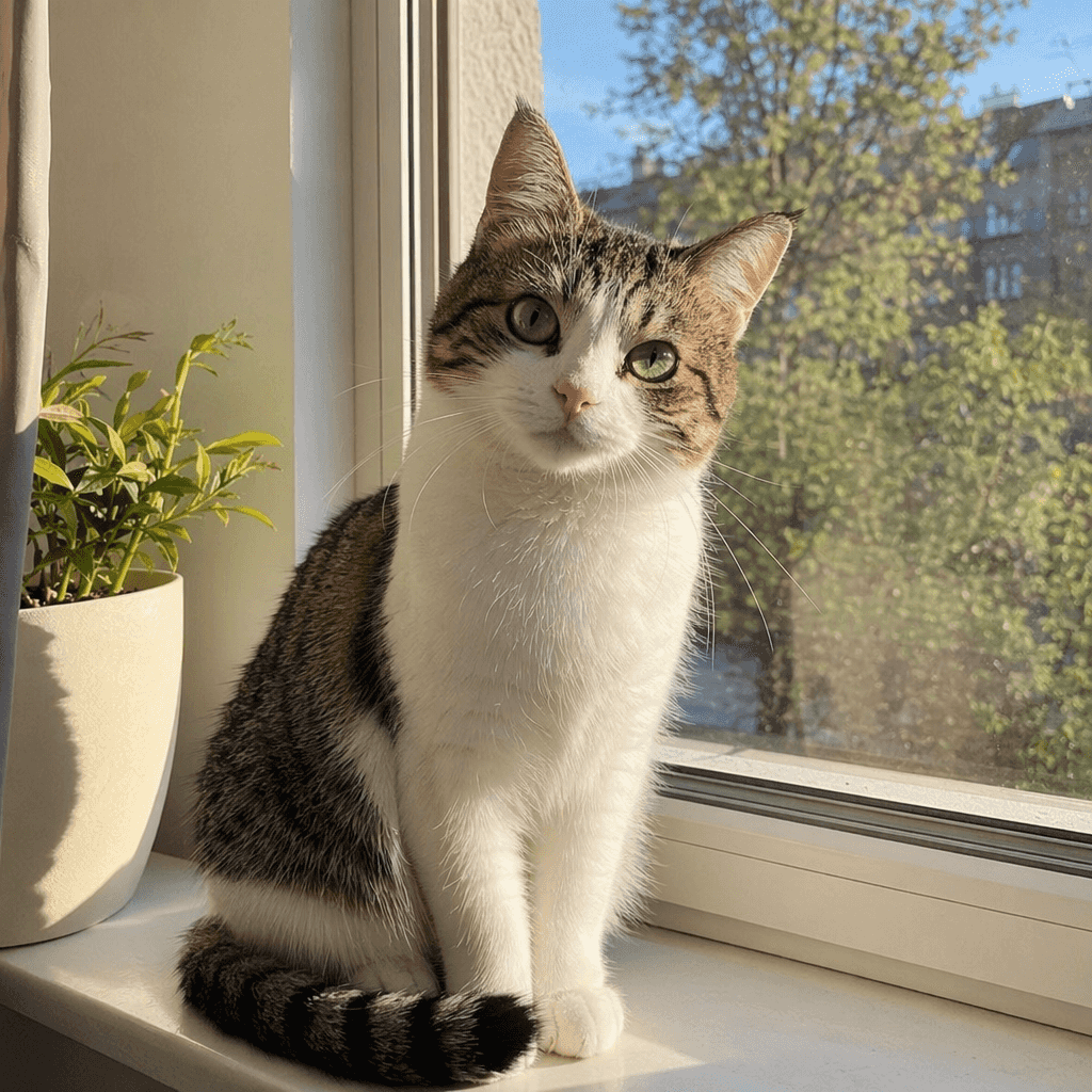 Vague prompt: "a cute cat sitting on a windowsill, sunlight, realistic style"