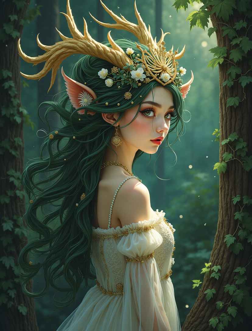 Ethereal forest spirit portrait in art nouveau style