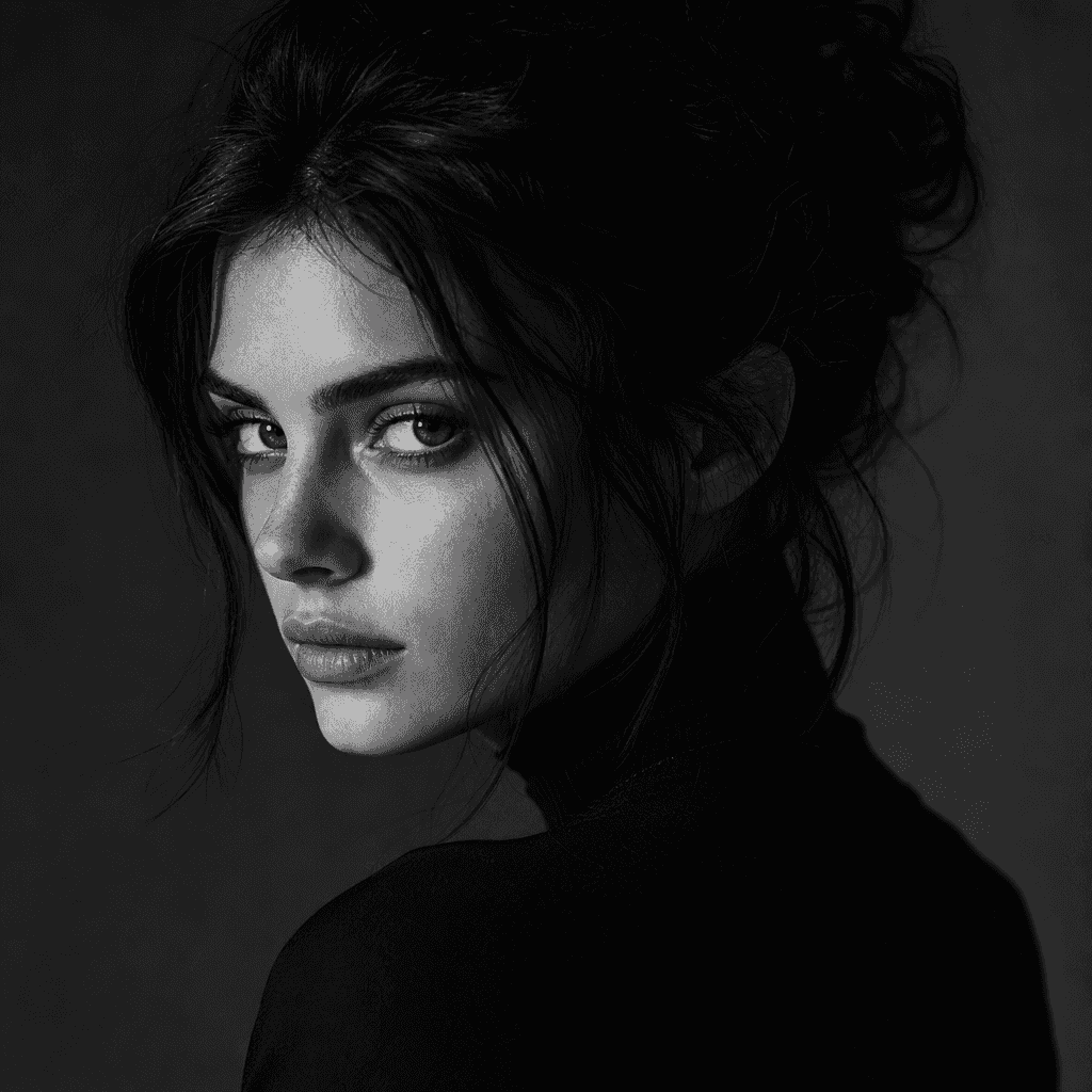 Vague prompt: "black and white portrait of a woman, no color, dramatic"