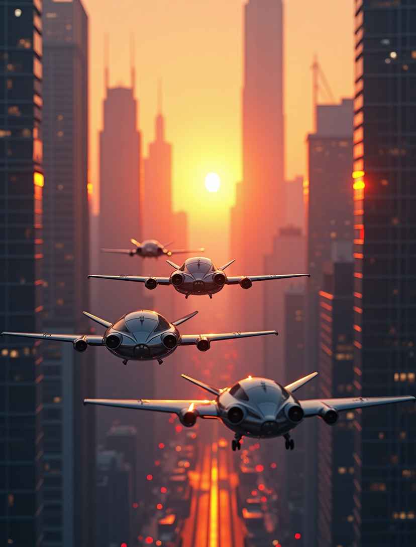 Futuristic cityscape with flying cars at sunset