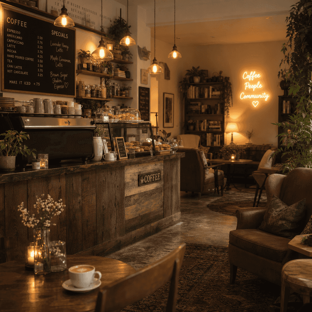 Vague prompt: "a cozy coffee shop, warm and inviting"