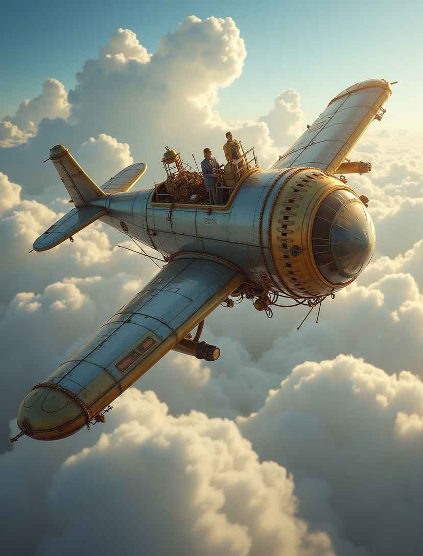Majestic steampunk flying machine soaring through clouds