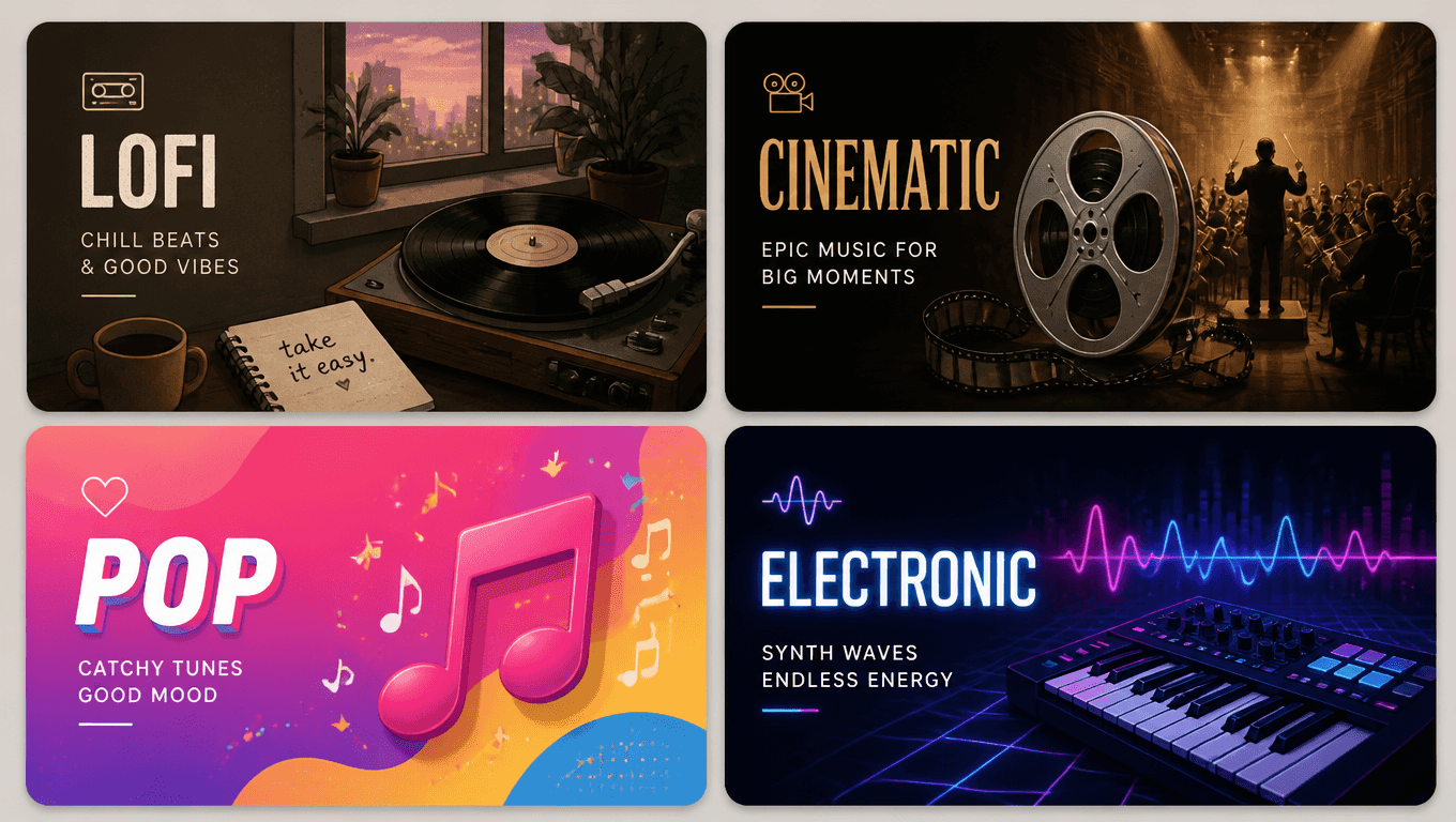 Popular AI music styles including lofi, cinematic, pop and electronic
