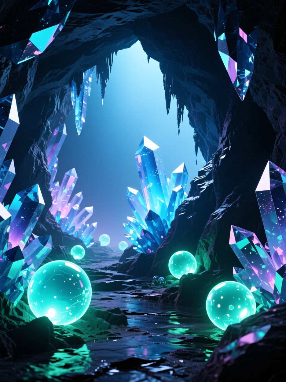 Enhance AI generated artwork: Magical crystal cave with luminescent orbs