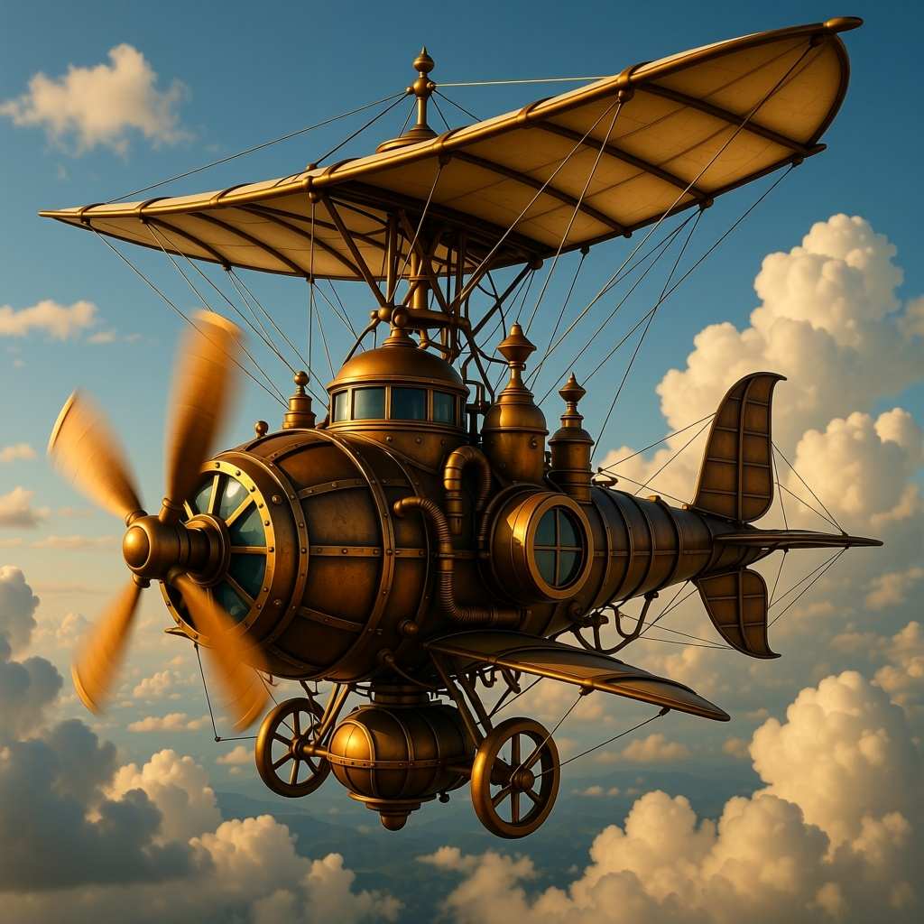 Enhance AI generated artwork: Majestic steampunk flying machine soaring through clouds