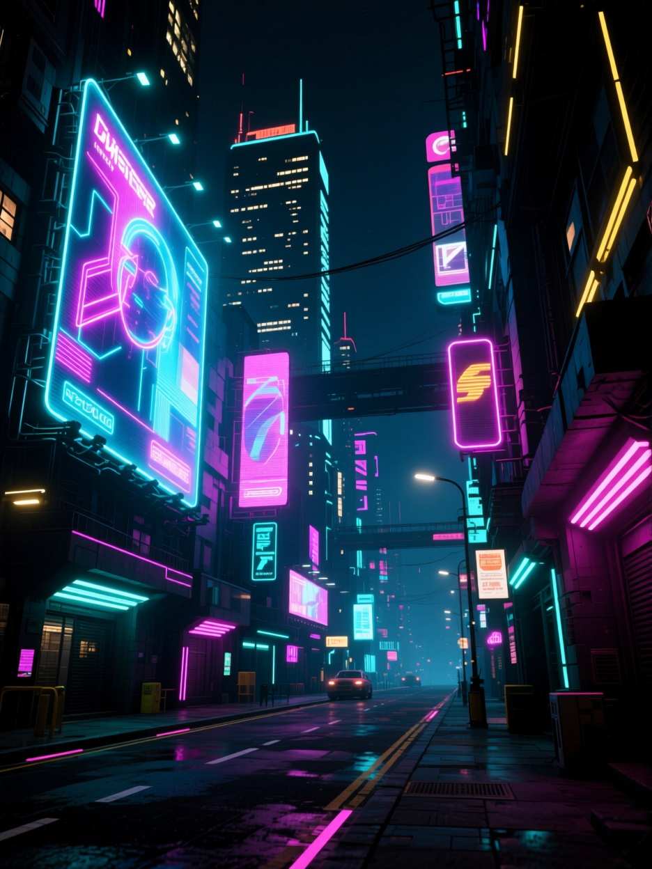 Enhance AI generated artwork: Neon-lit cyberpunk city with holographic billboards at night