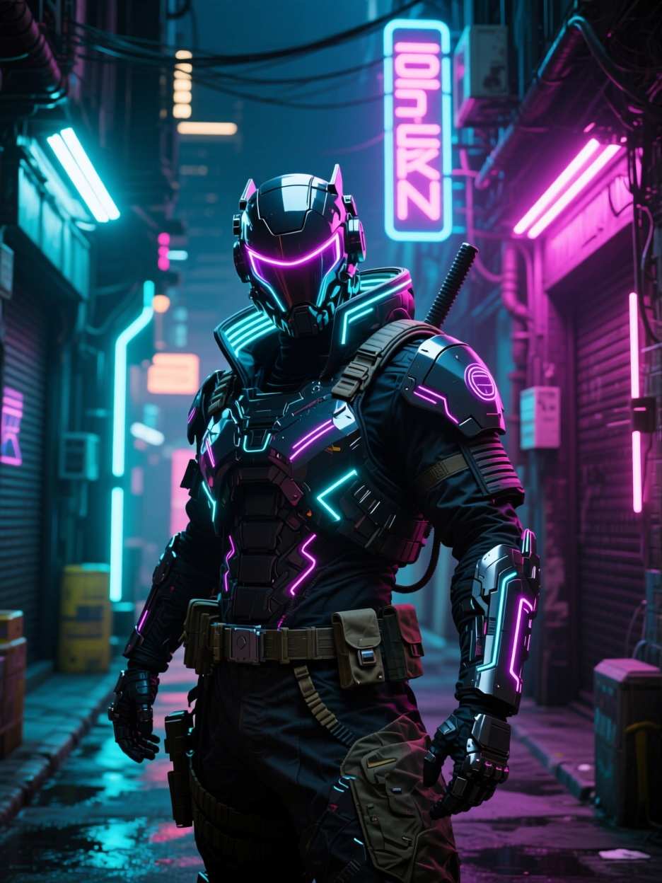Enhance AI generated artwork: Cyberpunk warrior in neon-lit alleyway