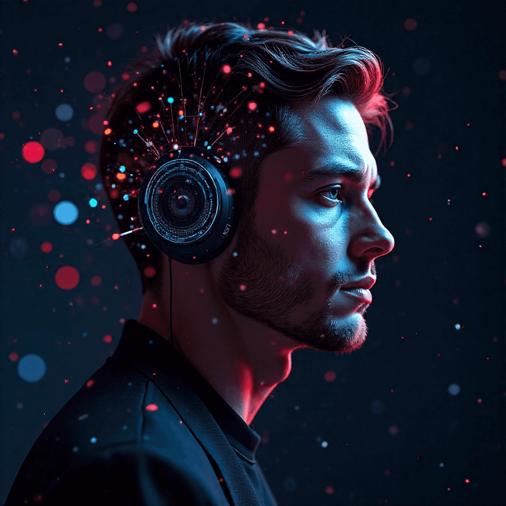 Enhance AI generated artwork: Portrait of musician with sound waves visualized around their head
