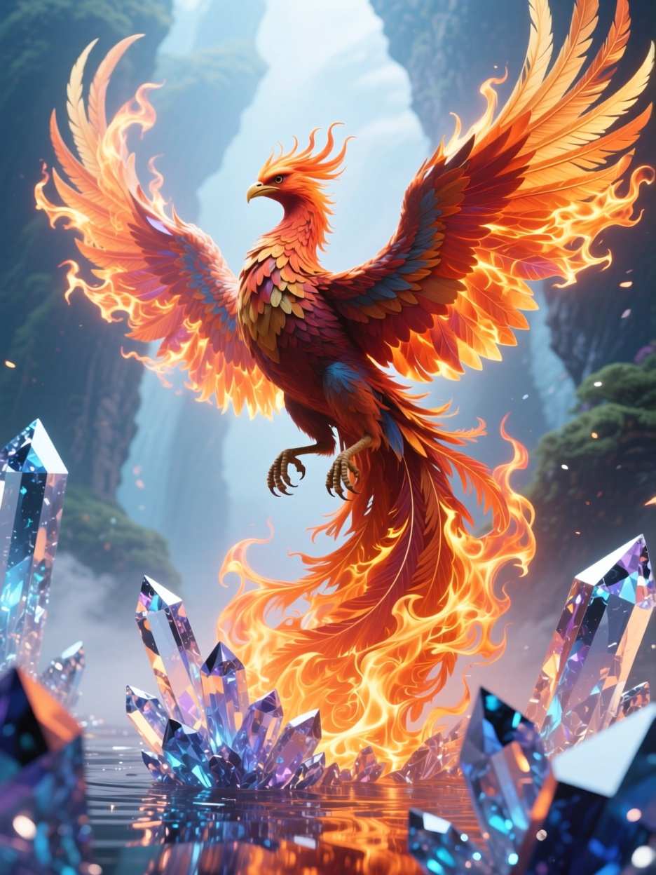Enhance AI generated artwork: Majestic phoenix rising from crystal flames in ethereal realm