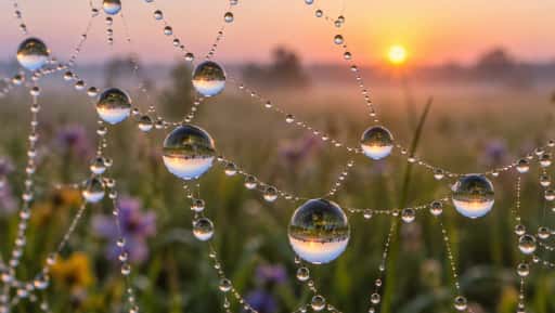 Dew drops on a spider web at sunrise, each drop showing a tiny upside down meadow, made with GPT Image 2.5 Sunburst
