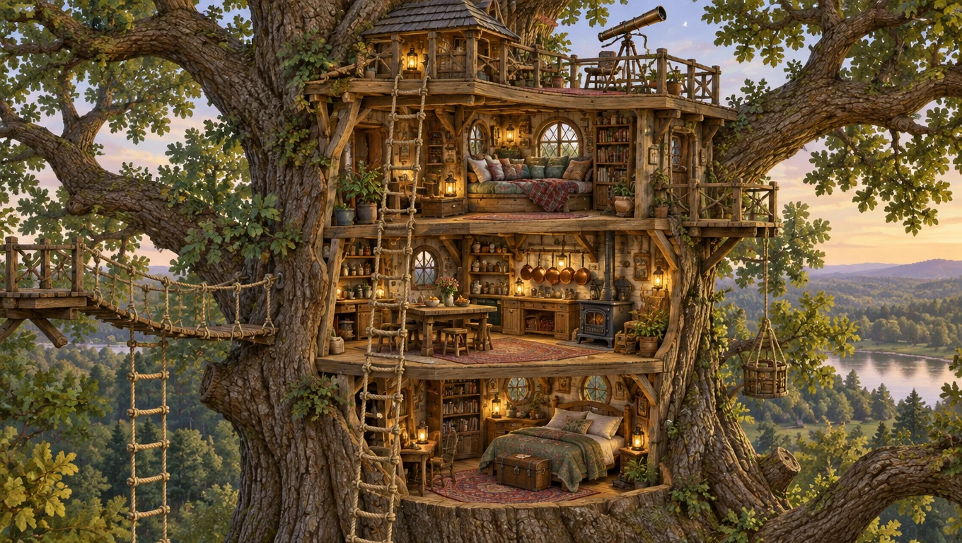 Storybook cutaway of a three level treehouse in a giant oak with rope ladders, a reading nook, a small kitchen and a telescope, made with GPT Image 2.5 Sunburst