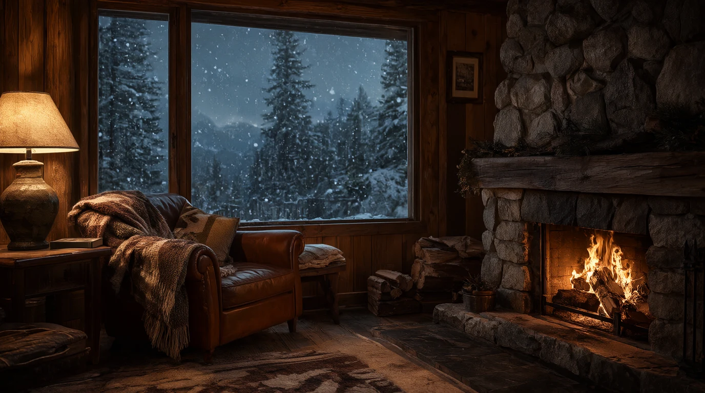 A cozy mountain cabin with a stone fireplace, a blanket on a leather armchair and snow falling past the window, made with Qwen Image 2.1