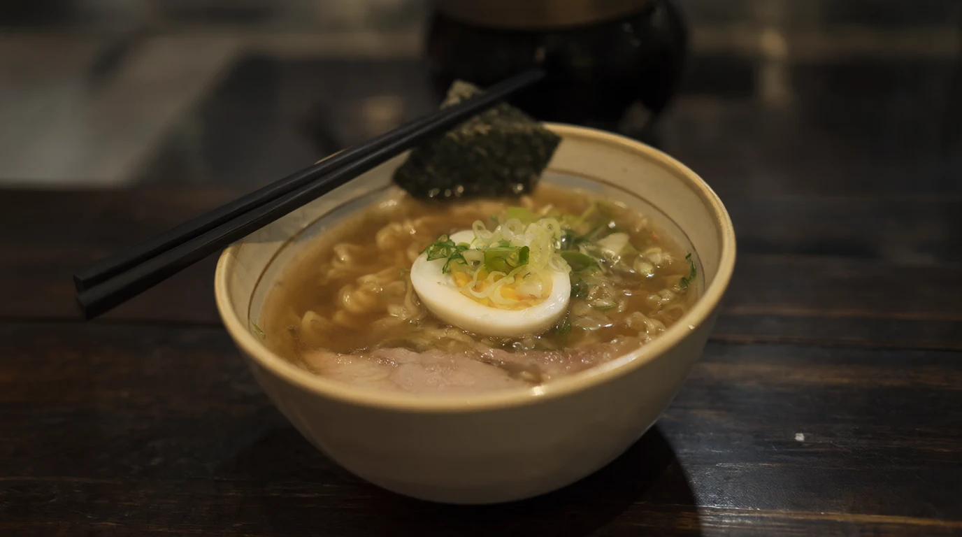 A steaming bowl of ramen with a soft boiled egg, green onions, nori and pork on a dark wooden counter, made with Qwen Image 2.1