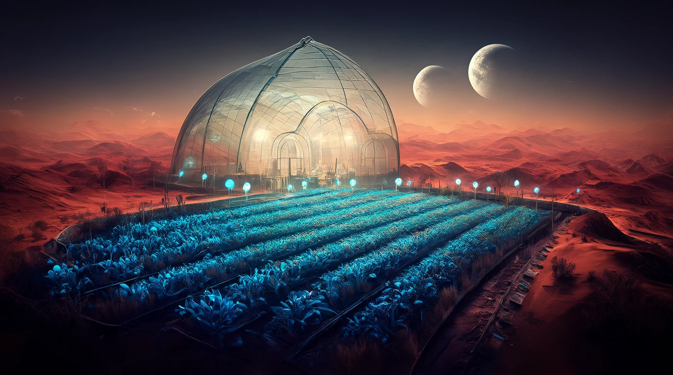 Concept art of a glass greenhouse with glowing blue plants on a desert planet, two moons over red dunes, made with Qwen Image 2.1
