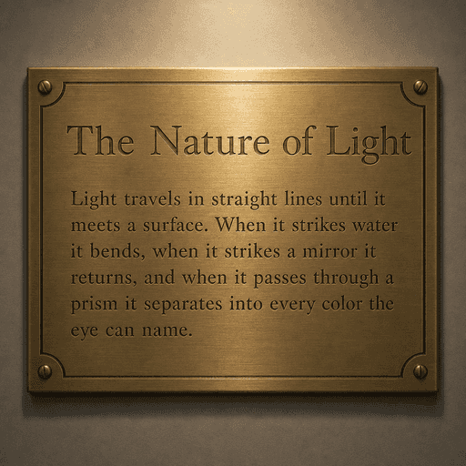 Brass museum plaque engraved with the heading The Nature of Light and a paragraph about light, made with GPT Image 2