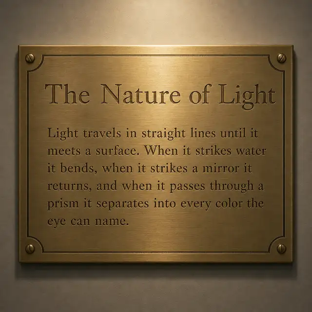 Brass museum plaque engraved with the heading The Nature of Light and a paragraph about light, made with GPT Image 2