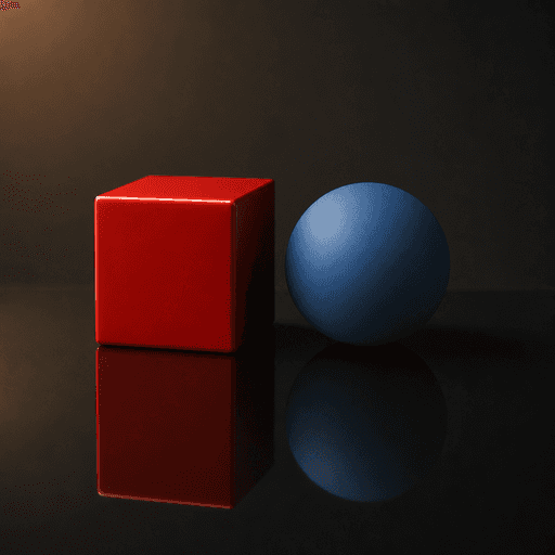 Glossy red cube and matte blue sphere reflected in a black mirror surface, made with GPT Image 2
