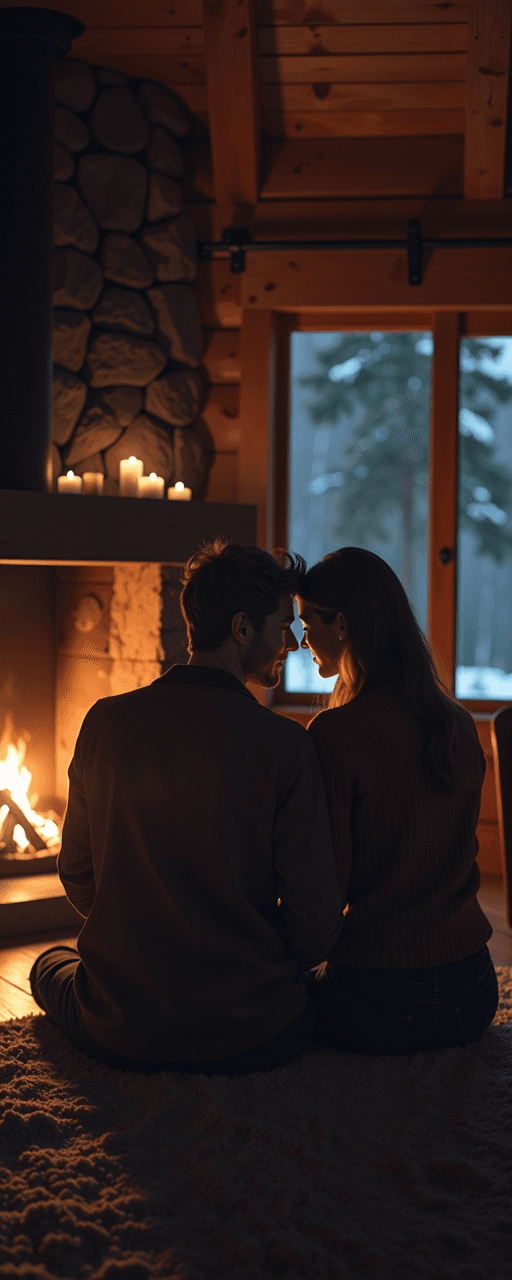 Couple by fireplace