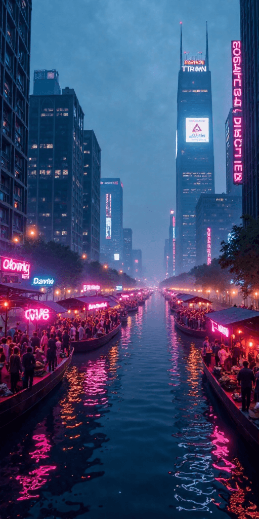 Cyberpunk Floating Market at Night