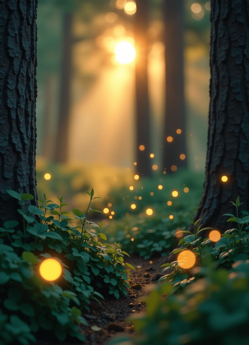 Mystical forest with fireflies