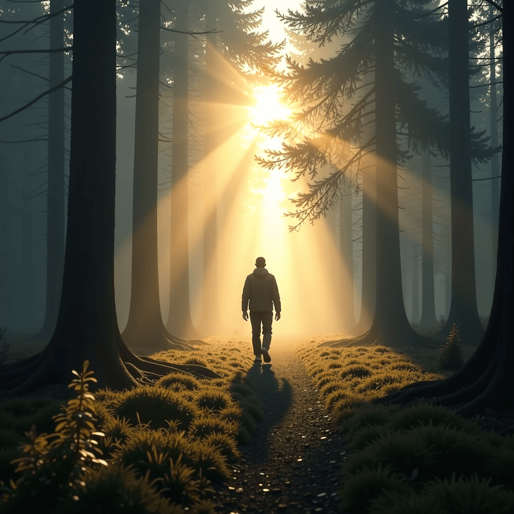 Lone figure in foggy forest