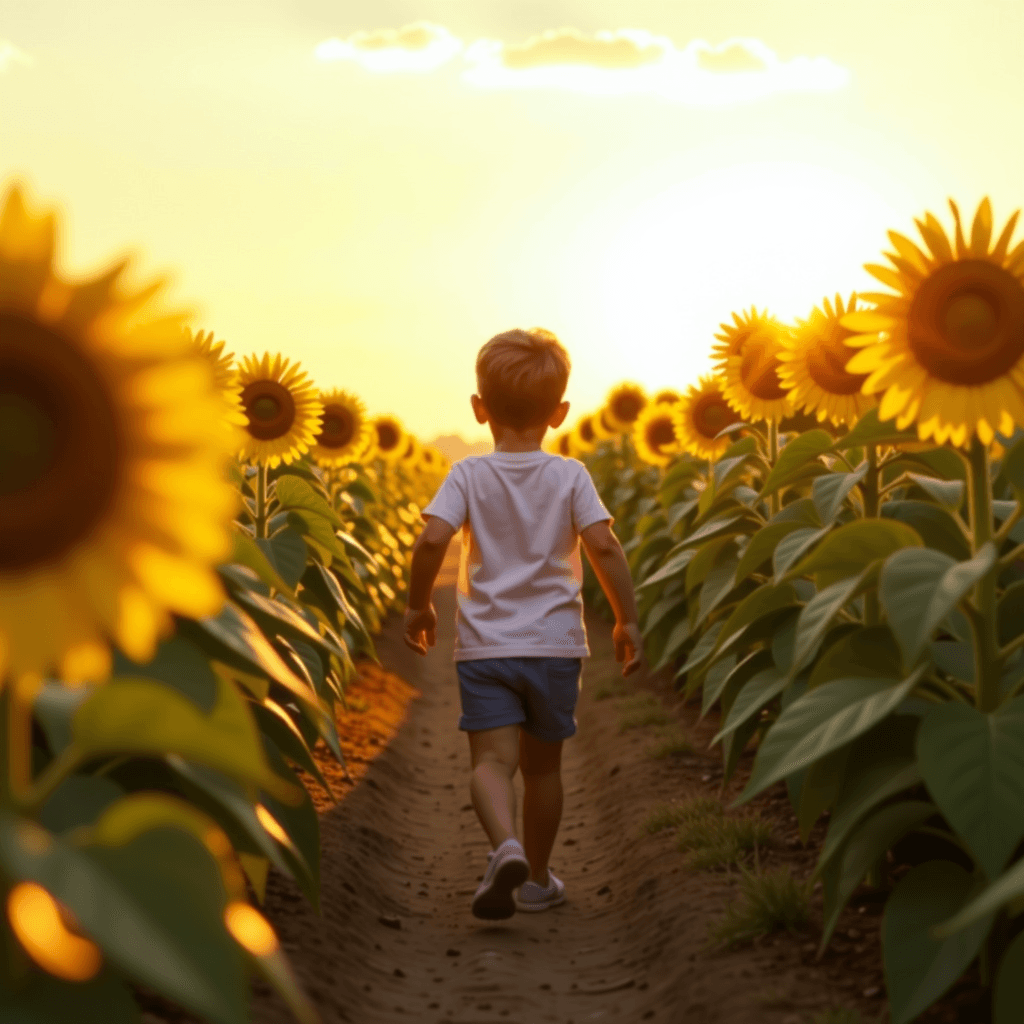 Child in sunflower field
