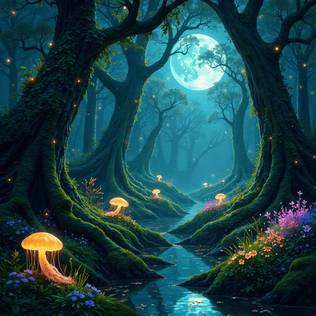 Enchanted Forest with Bioluminescent Creatures
