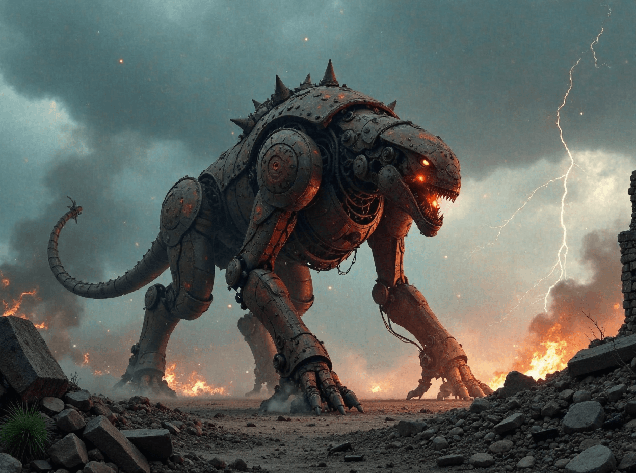 Giant Mechanical Beast in a War-Torn Landscape