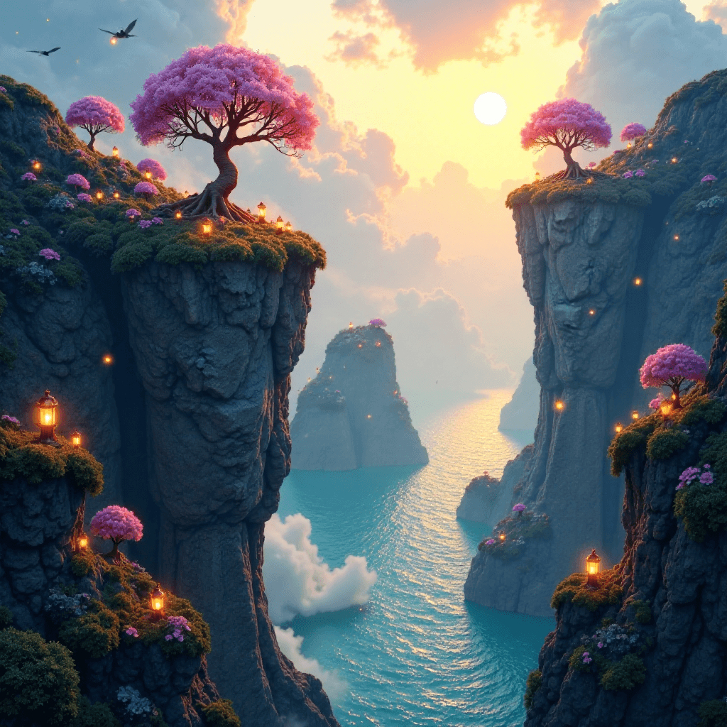 Mystical Sky Gardens Above a Crystal Ocean