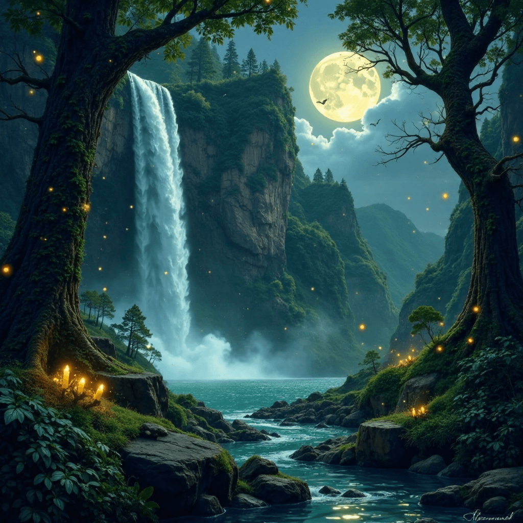 Moonlit Waterfall in a Hidden Valley