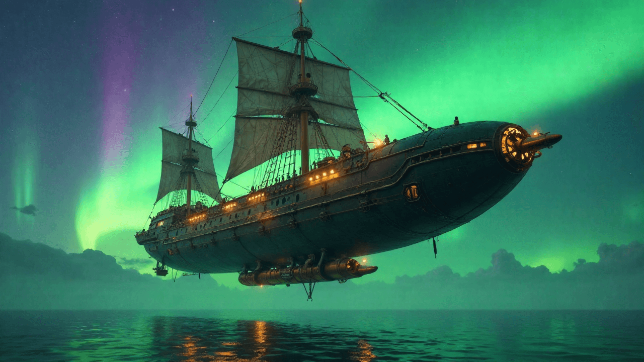 Airship Voyage Through an Aurora Sky