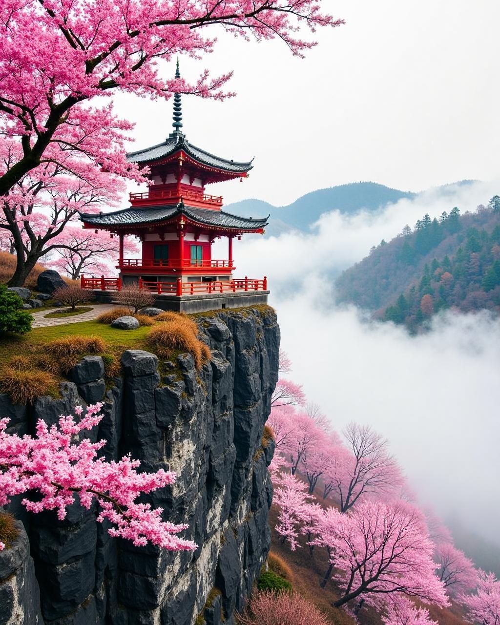 Japanese temple with cherry blossoms
