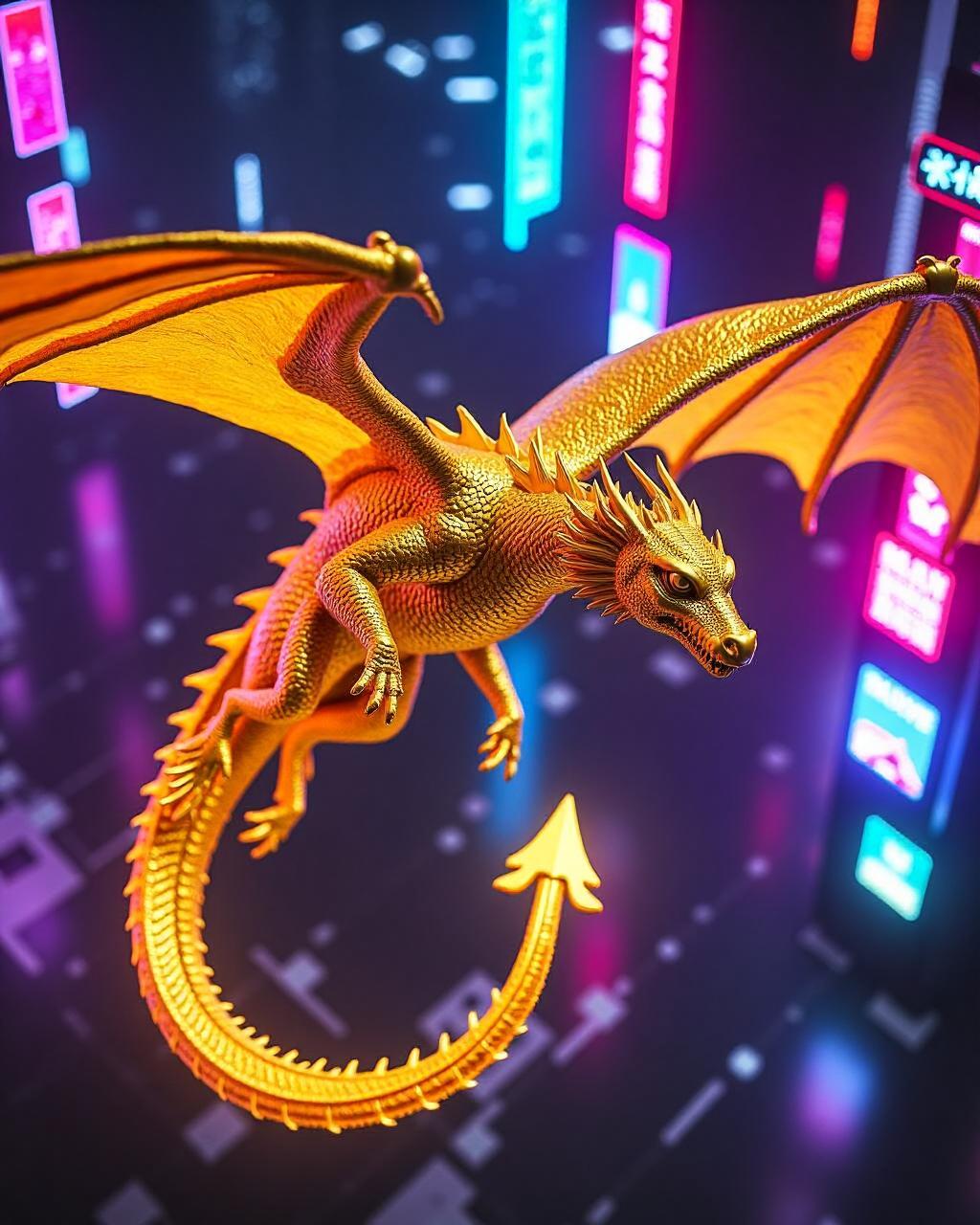 Golden dragon in cyberpunk city