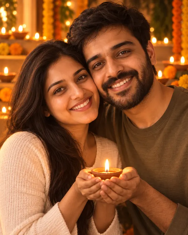 Example made with the Diya Glow style: a portrait lit by a clay diya