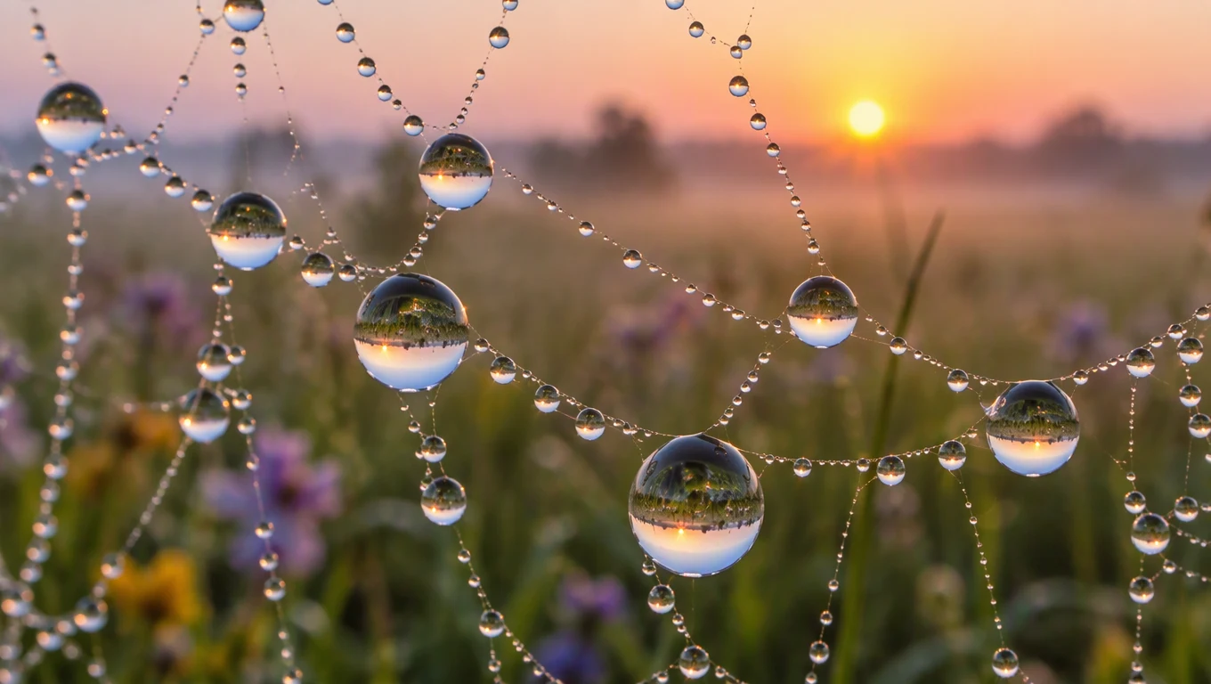 Dew drops on a spider web at sunrise, each one reflecting the meadow