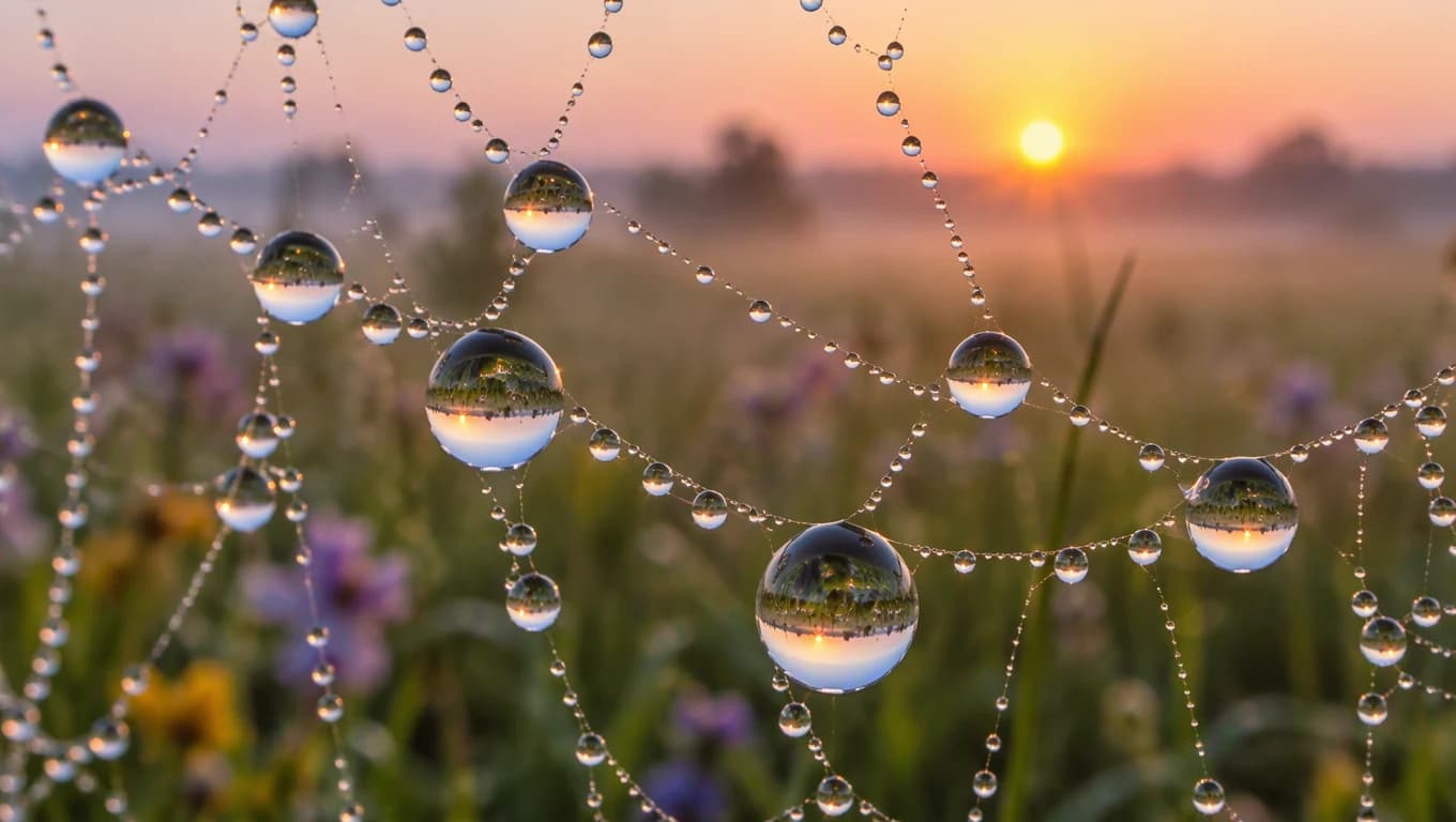 Dew drops on a spider web at sunrise, each drop showing a tiny upside down meadow, made with GPT Image 2.5 Sunburst
