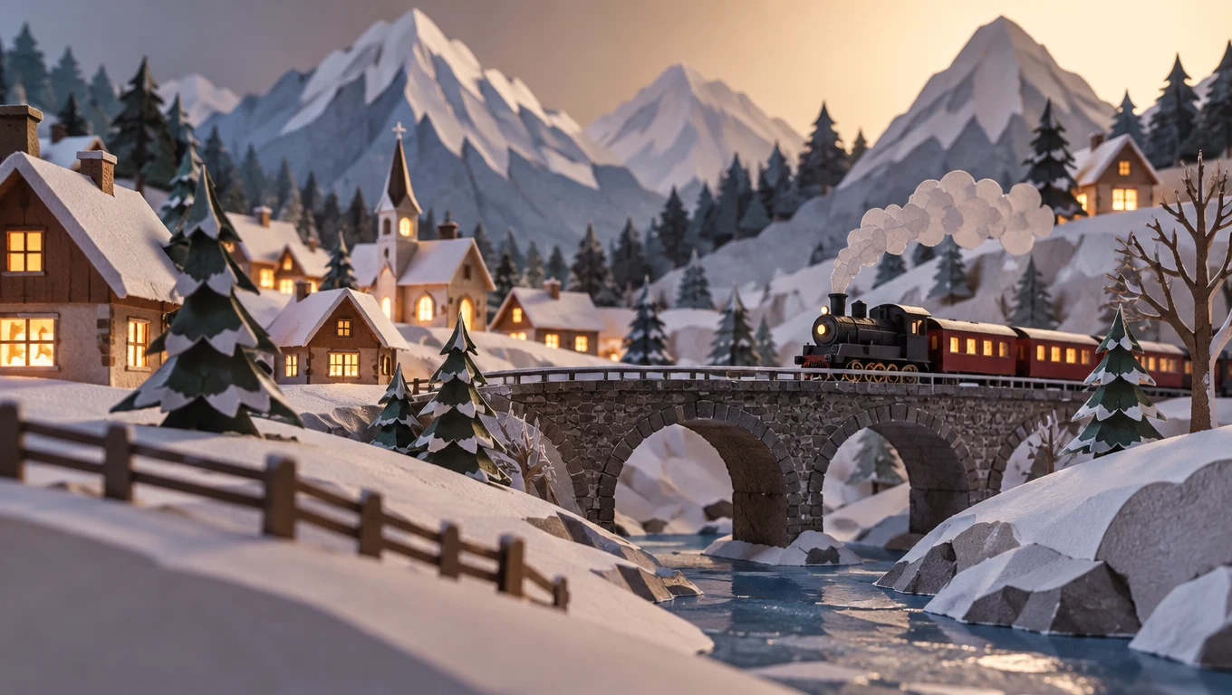 A paper craft winter village with a small train crossing a stone bridge