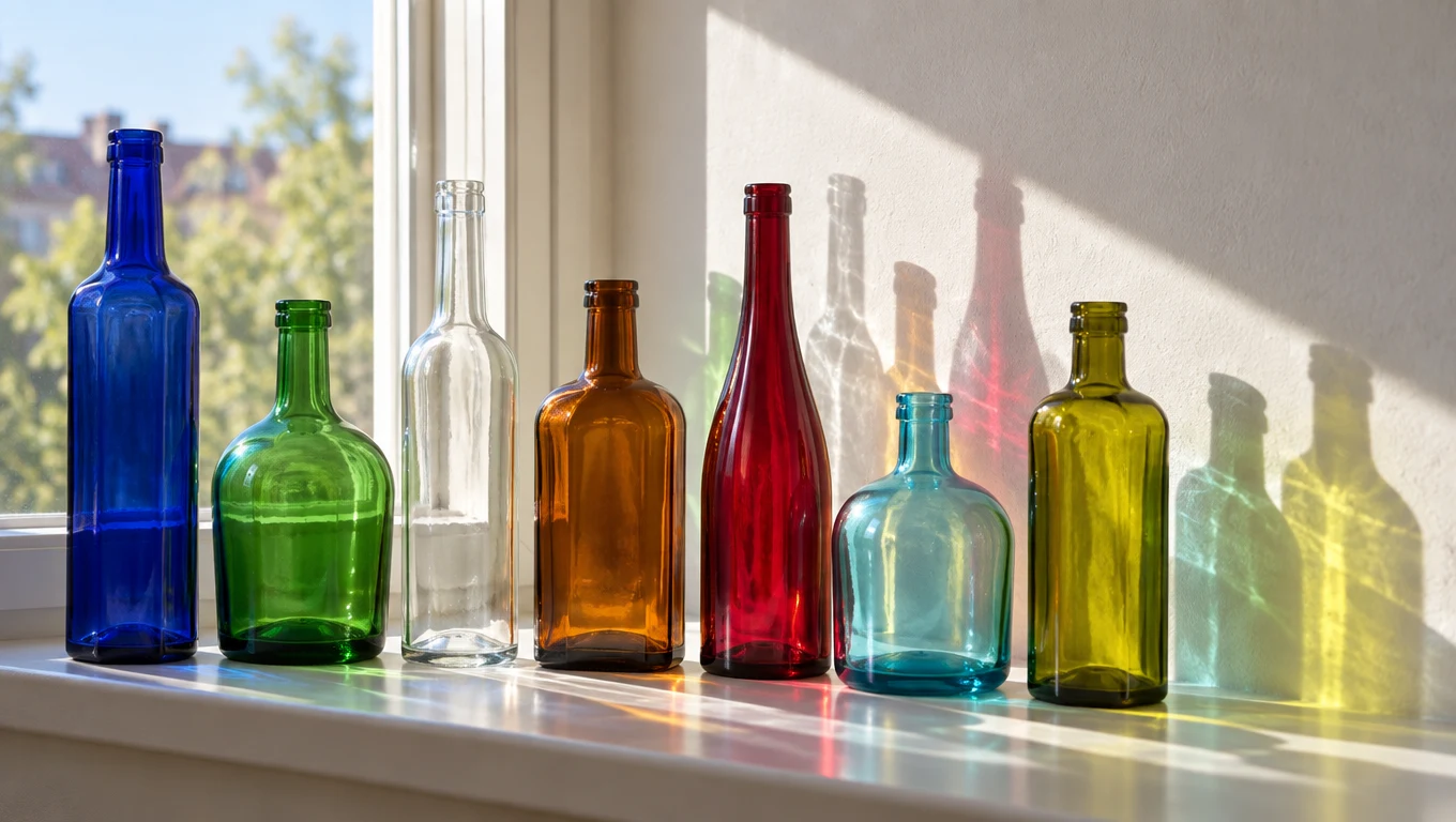 Seven glass bottles on a sunny windowsill casting coloured shadows, made with GPT Image 2.5 Sunburst