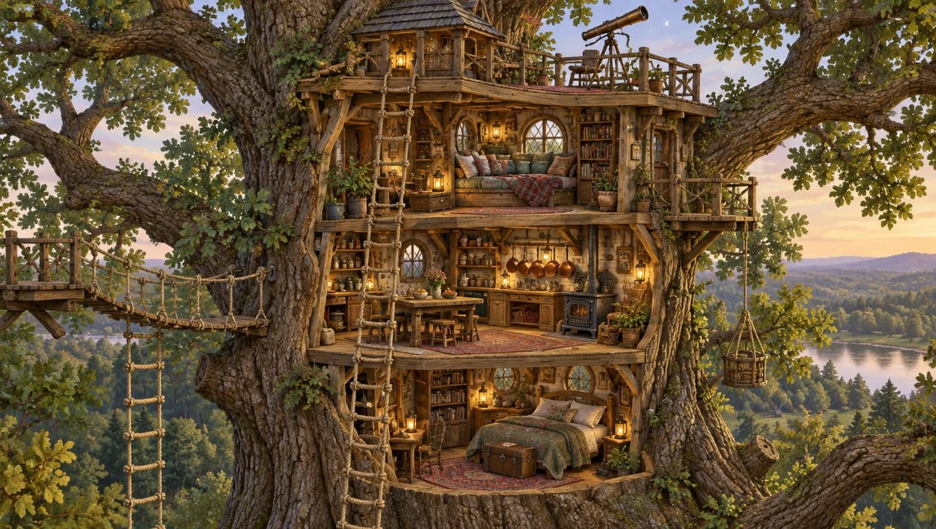 Storybook cutaway of a three level treehouse in a giant oak with rope ladders, a reading nook, a small kitchen and a telescope, made with GPT Image 2.5 Sunburst