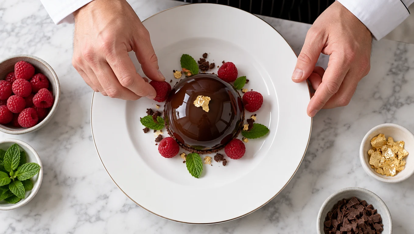 A chef placing raspberries around a glossy chocolate dome
